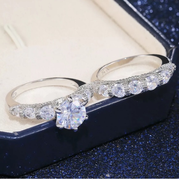 Elegant 2pcs/set 925 Silver Rings White Sapphire - Picture 3 of 3